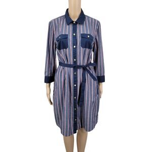 Tommy Hilfiger Navy Blue and Red Striped Women's Shirt Dress Belted